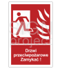 Znak drzwi przeciwpożarowe. Zamykać! Kierunek do ewakuacji w lewo