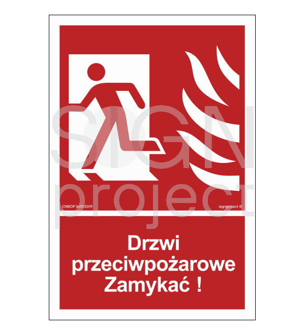 Znak drzwi przeciwpożarowe. Zamykać! Kierunek do ewakuacji w lewo