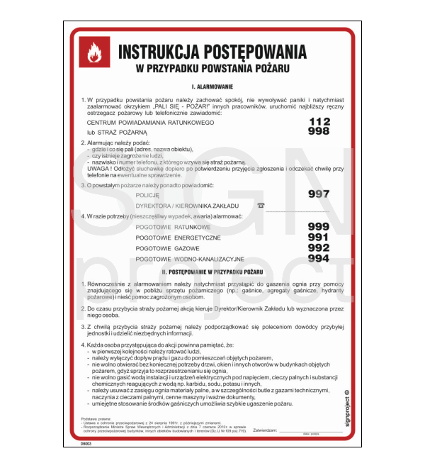 Znak instrukcja postępowania w przypadku powstania pożaru Strefa ppoz