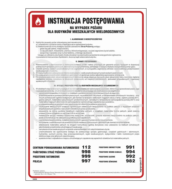 Znak instrukcja postępowania w przypadku powstania pożaru w budynkach mieszkalnych