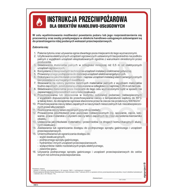 Znak instrukcja przeciwpożarowa dla obiektów handlowo-usługowych