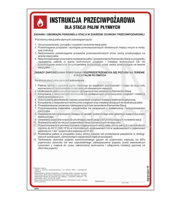 Znak instrukcja przeciwpożarowa dla stacji paliw płynnych Strefappoz