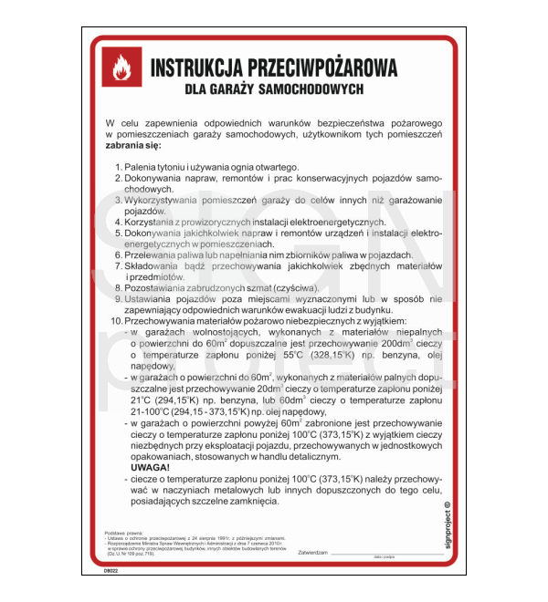 Znak instrukcja przeciwpożarowa dla garaży samochodowych